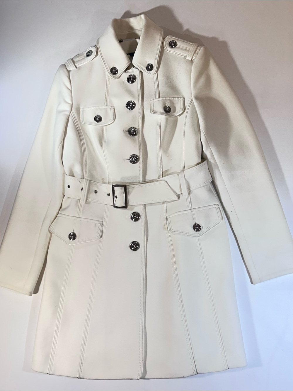 WHITE BLACK Womens S Ivory Military Trench Coat Belted Silver Button Jacket